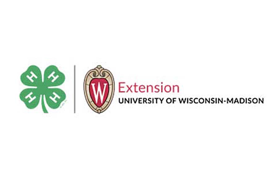 Four H logo and University of Wisconsin Extension logo. Four H logo is a four leaf clover, Extension logo is a red shield with a W in the middle.