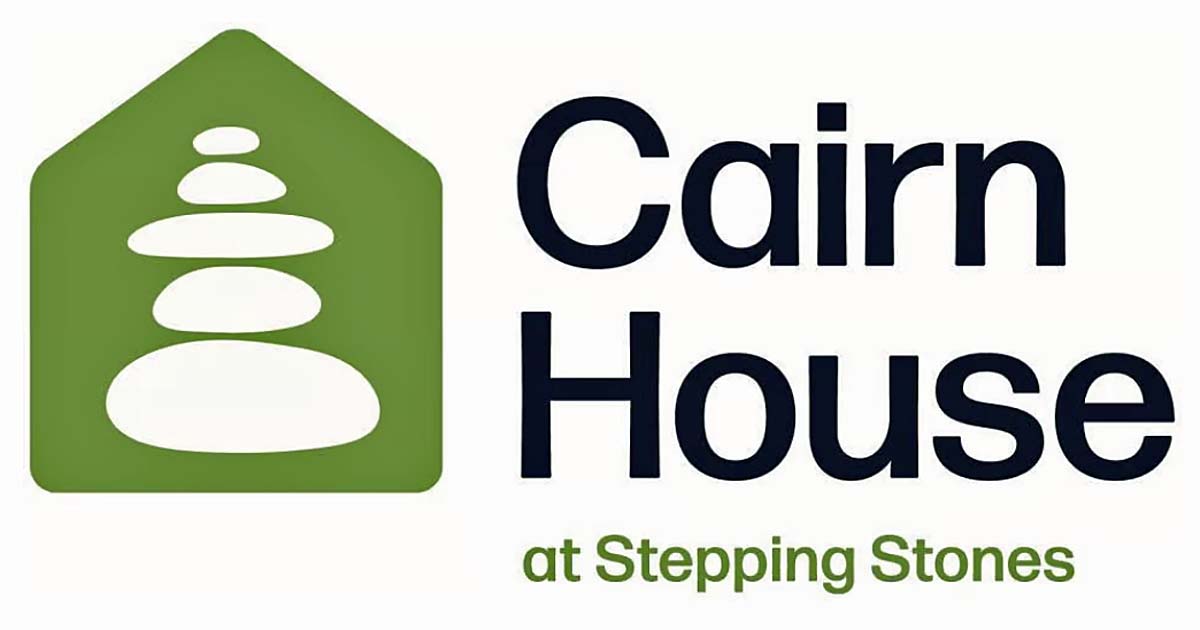 Cairn House at Stepping Stones logo. white stones on a green pentagon image