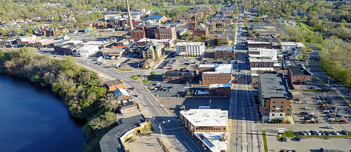 aerial view of downtown Menomonie, Wisconsin