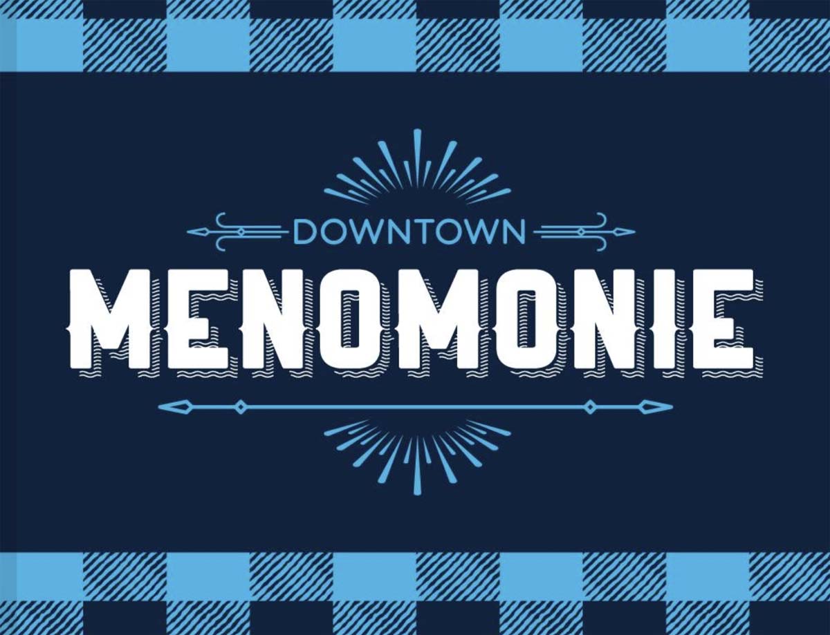Downtown Menomonie logo, with background of blue and black checkerboard