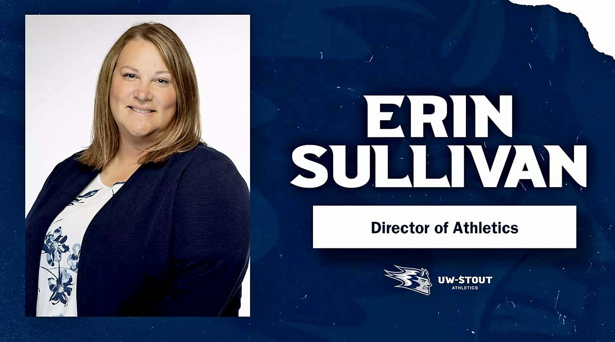 Erin Sullivan in a graphic design announcing she will be UW-Stout athletic director