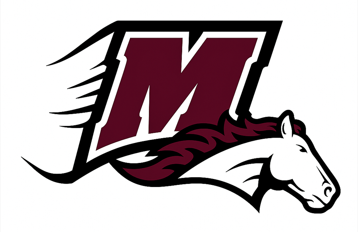 Menomonie Mustangs Logo - stylized letter M behind horse (mustang) head. color is maroon