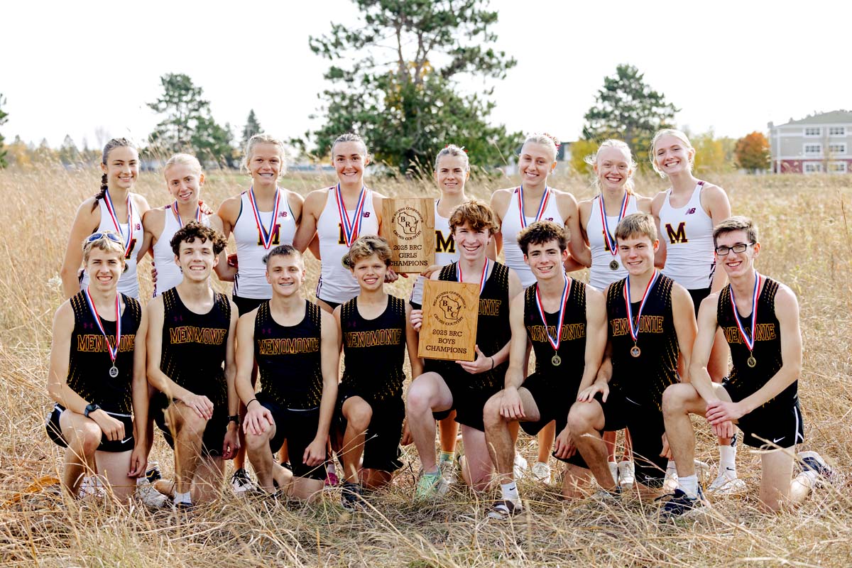 The Menomonie boys and girls cross country teams, boys in front row, girls in second row, pose with their Big Rivers Conference championship trophies.