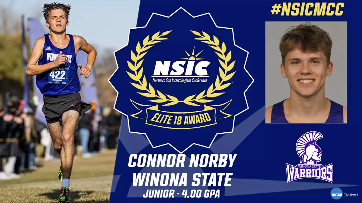 Graphic for Connor Norby earning NSIC Elite 18 Award. Photo of Norby running, logo in the middle, head shot