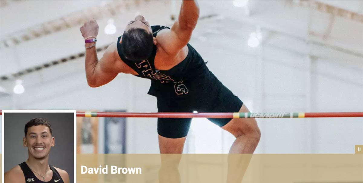 In a screen shot from his bio page at Anderson University, Menomonie native David Brown competes in the high jump. The image also features a head and shoulder photo of Brown.