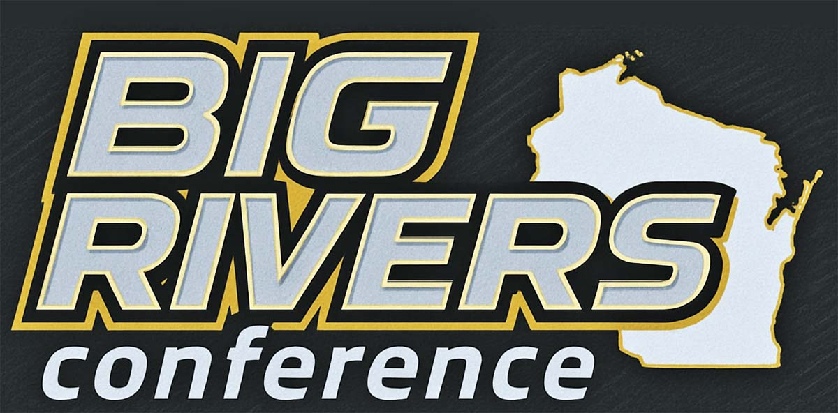 Big Rivers Conference logo, with text in gray surrounded by gold on a black background. The state of Wisconsin is pictured on the right side.
