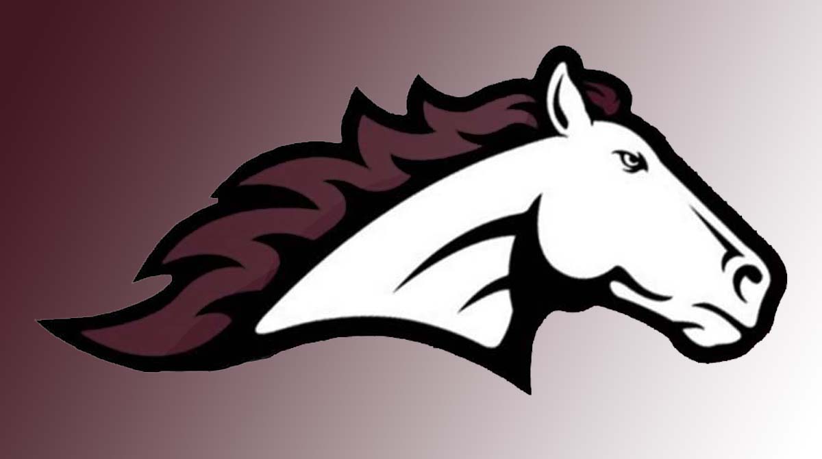 Menomonie High School mustang logo on a maroon gradient background