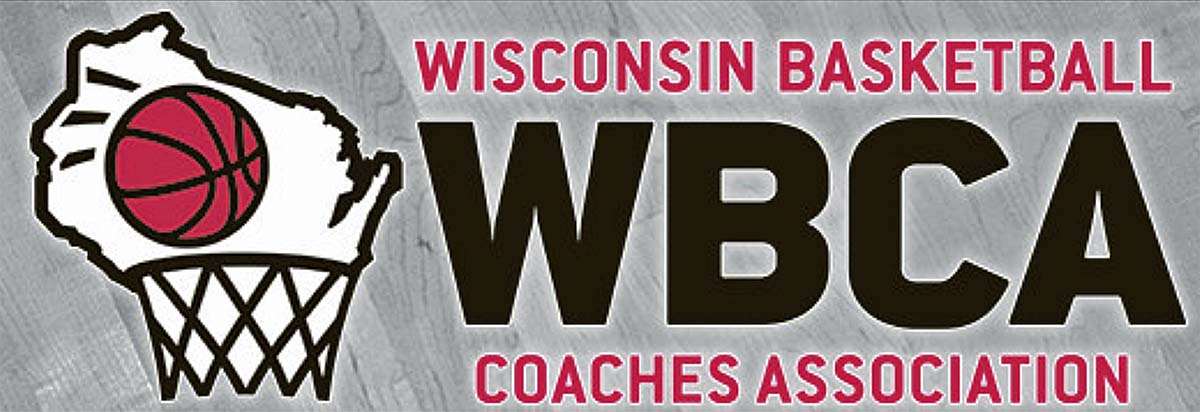 WBCA logo on the background of a basketball court wooden floor. A red basketball heading for the basket within the outline of the state of Wisconsin