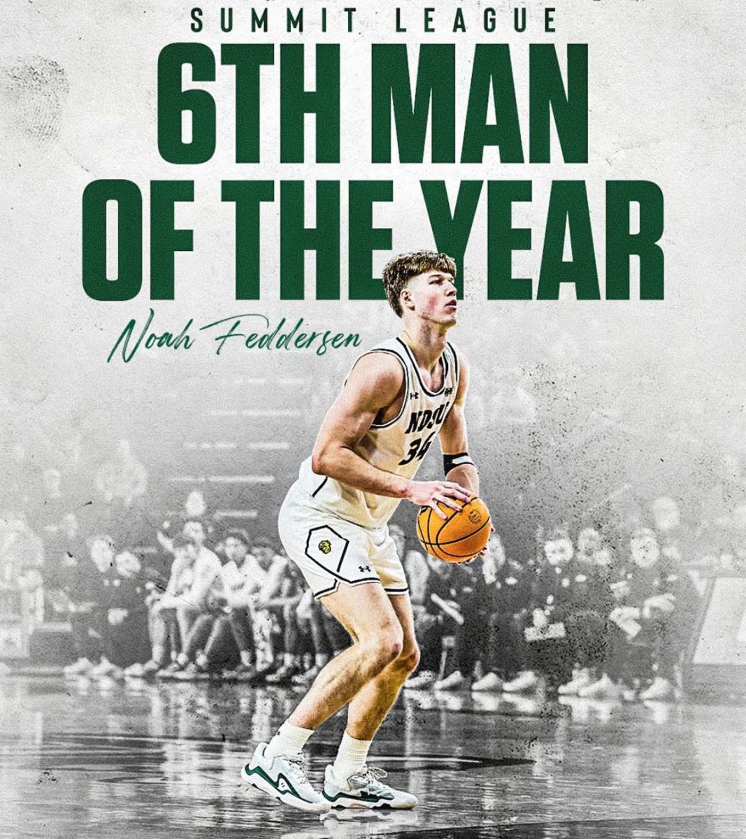social media post of Menomonie's Noah Feddersen voted Summit League Sixth Man of the Year. Image includes male basketball player in white uniform with green trim preparing to shoot the basketball.