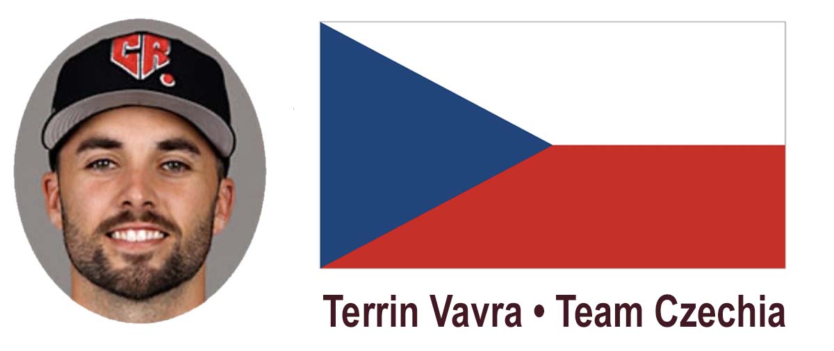 Headshot of Terrin Vavra on left with flag of Czech Republic to the right.