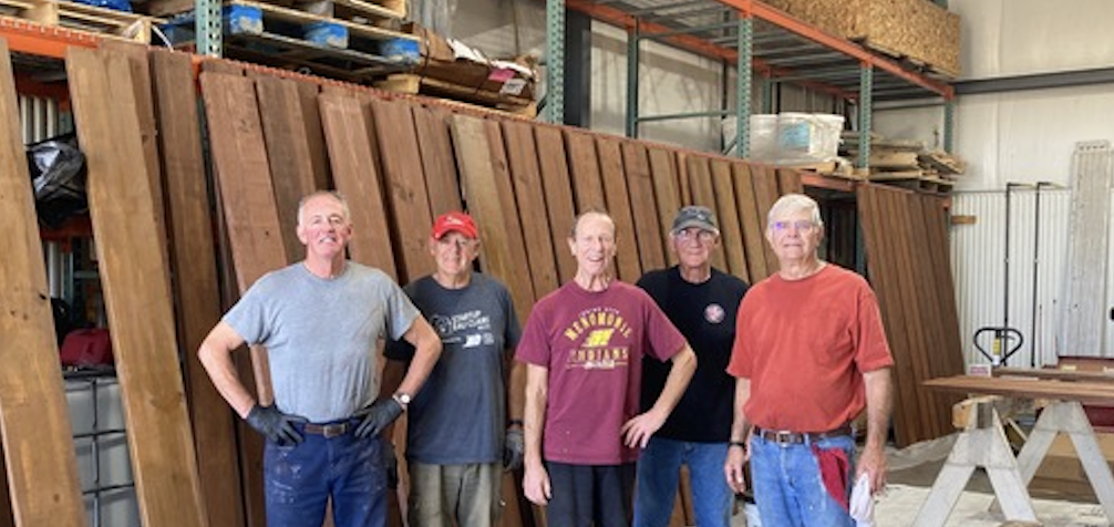 Menomonie Rotarians building picnic tables and benches for Wolske Bay Park. From left to right: Scott Fredrick, Bill Butsic, Mike Shaide, Gus Myran, Court Sand.         Submitted photo. 
