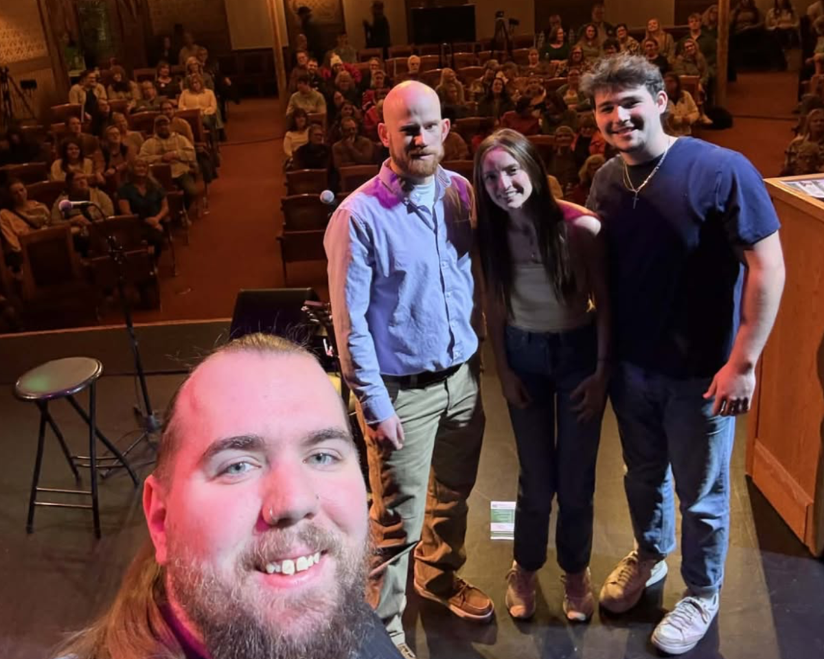 Keynote speaker Kody Green, bottom, takes a selfie with Matt Stevenson, emcee and Paige & Maddex of MadLee Band. Submitted photo
