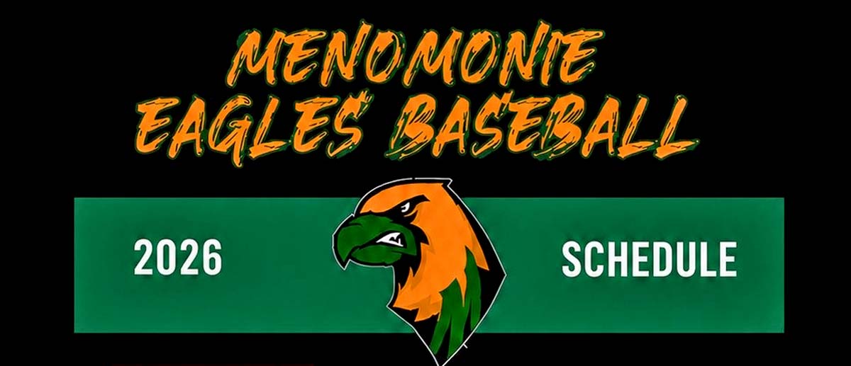 Menomonie Eagles Baseball schedule logo. Works are in orange. Logo includes orange crested eagle with green beak.