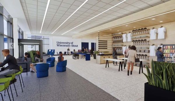 An artist's rendering shows the interior of the addition to UW-Stout's Sports & Fitness Center as a place for students to gather.