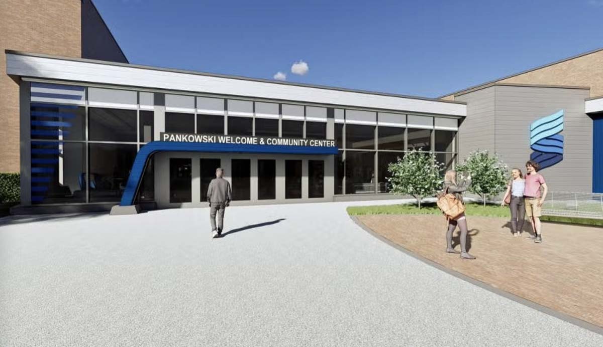 A rendering showing an artist's rendition of the the future entrance to the UW-Stout Sports & Fitness Center.