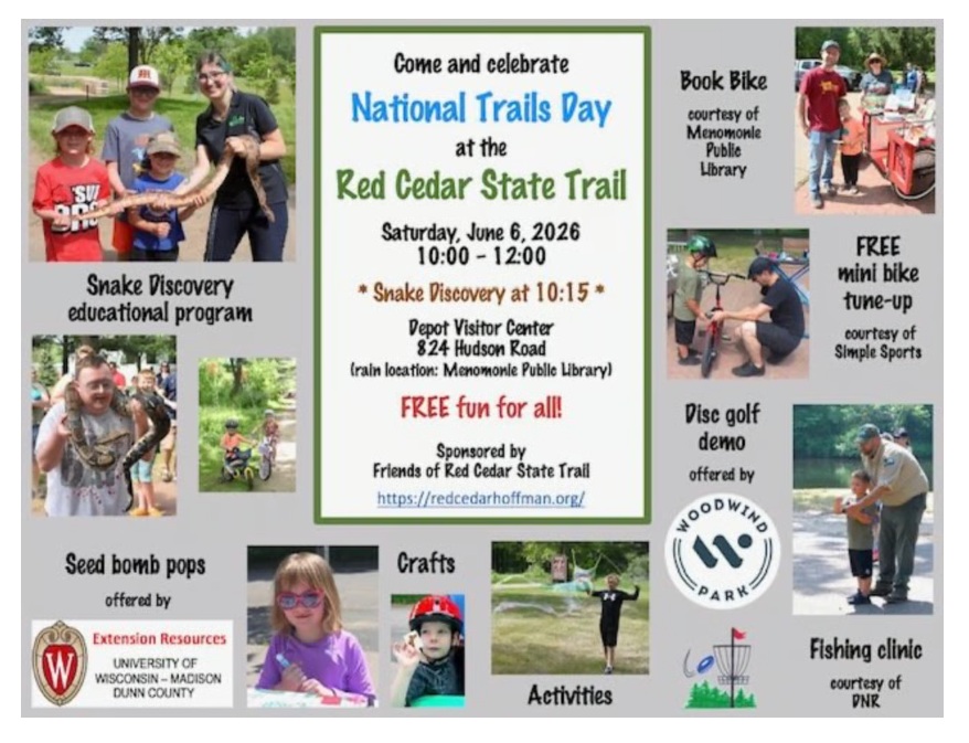 Celebrate Nat’l Trails Day Saturday June 6, 10am - Noon, at the Red Cedar Trail