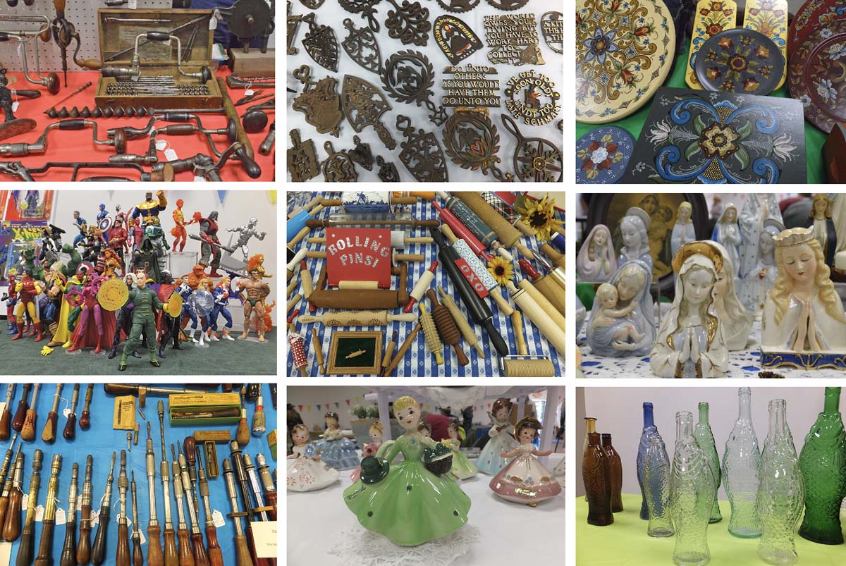 A variety of collections ranging from tools to glassware to action figures.