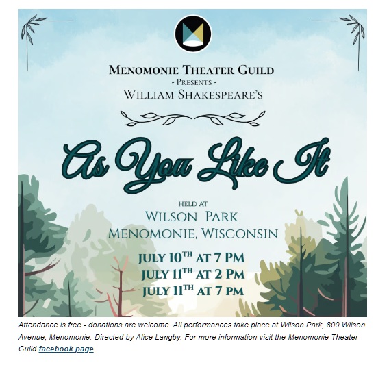 Outdoor Theater this Week in Menomonie at Wilson Park and also at Brewery Nonic