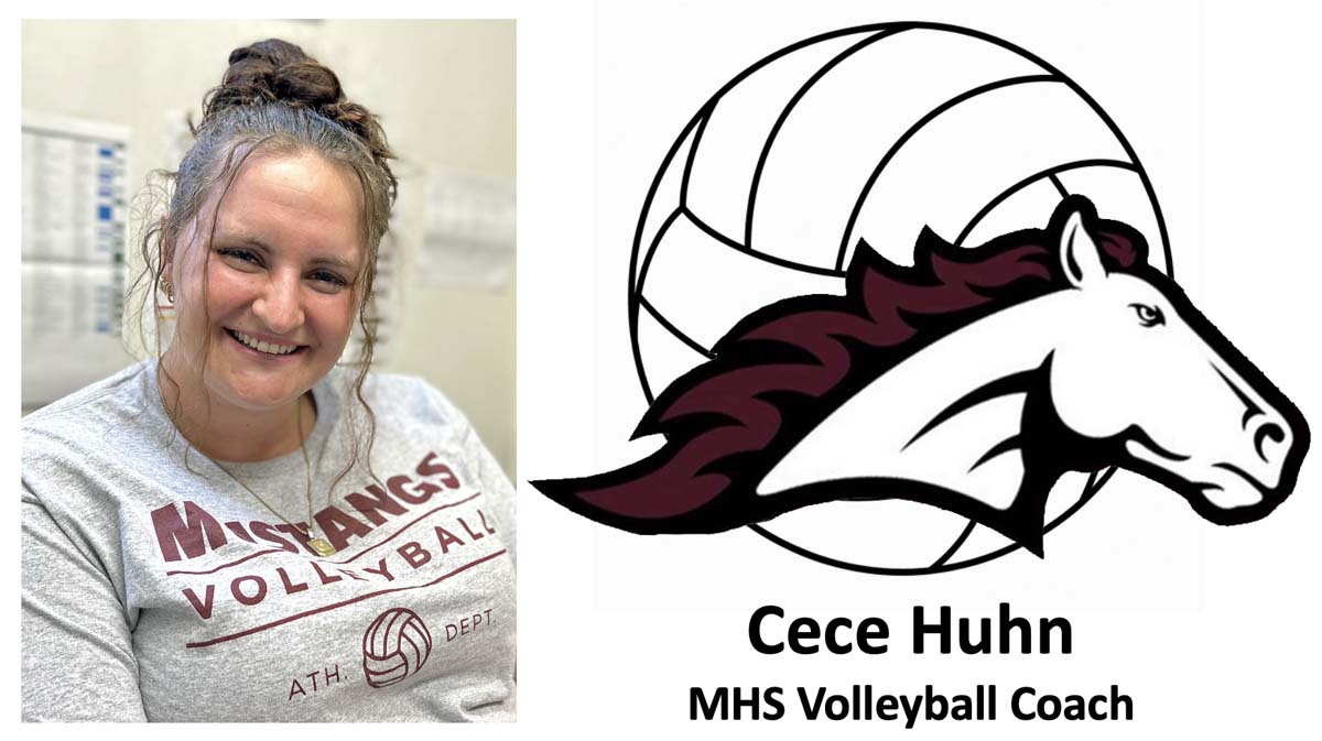 MHS volleyball coach Cece Huhn with Mustang logo over volleyball