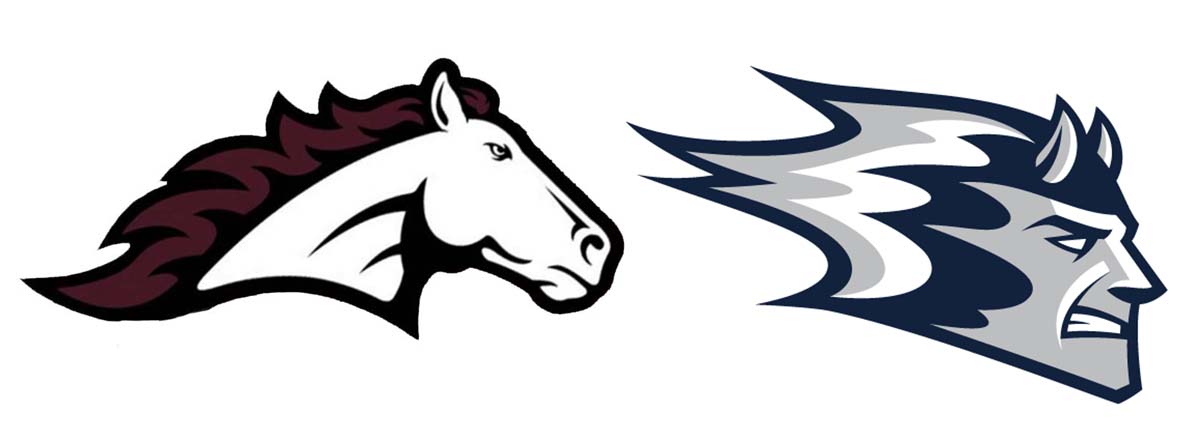The Menomonie High School Mustang logo and the UW-Stout Polytechnic Athletic Blaze logo.