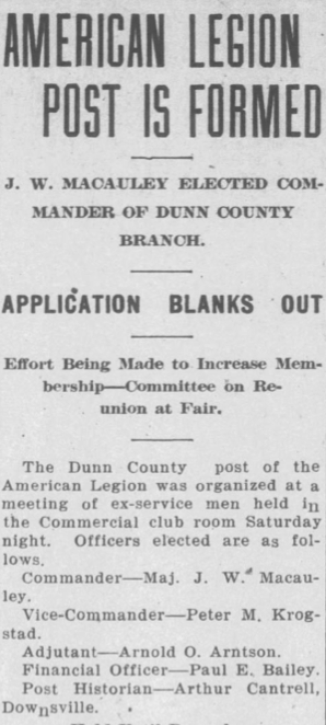 Dunn County News August 14, 1919 article announces the newly organized American Legion Post.