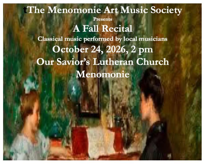 Menomonie Art Music Society Presents Concert Sat Oct 24